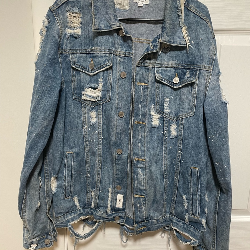 KDNK Los Angeles Distressed Ripped Denim Jacket SZ Large